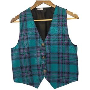 Vintage 80s plaid button front vest teal purple one size